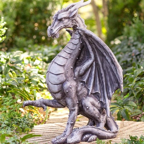 TWGONE Wind&Weather Large Indoor/Outdoor Medieval-Dragon Statue Courtyard Decoration, Gray
