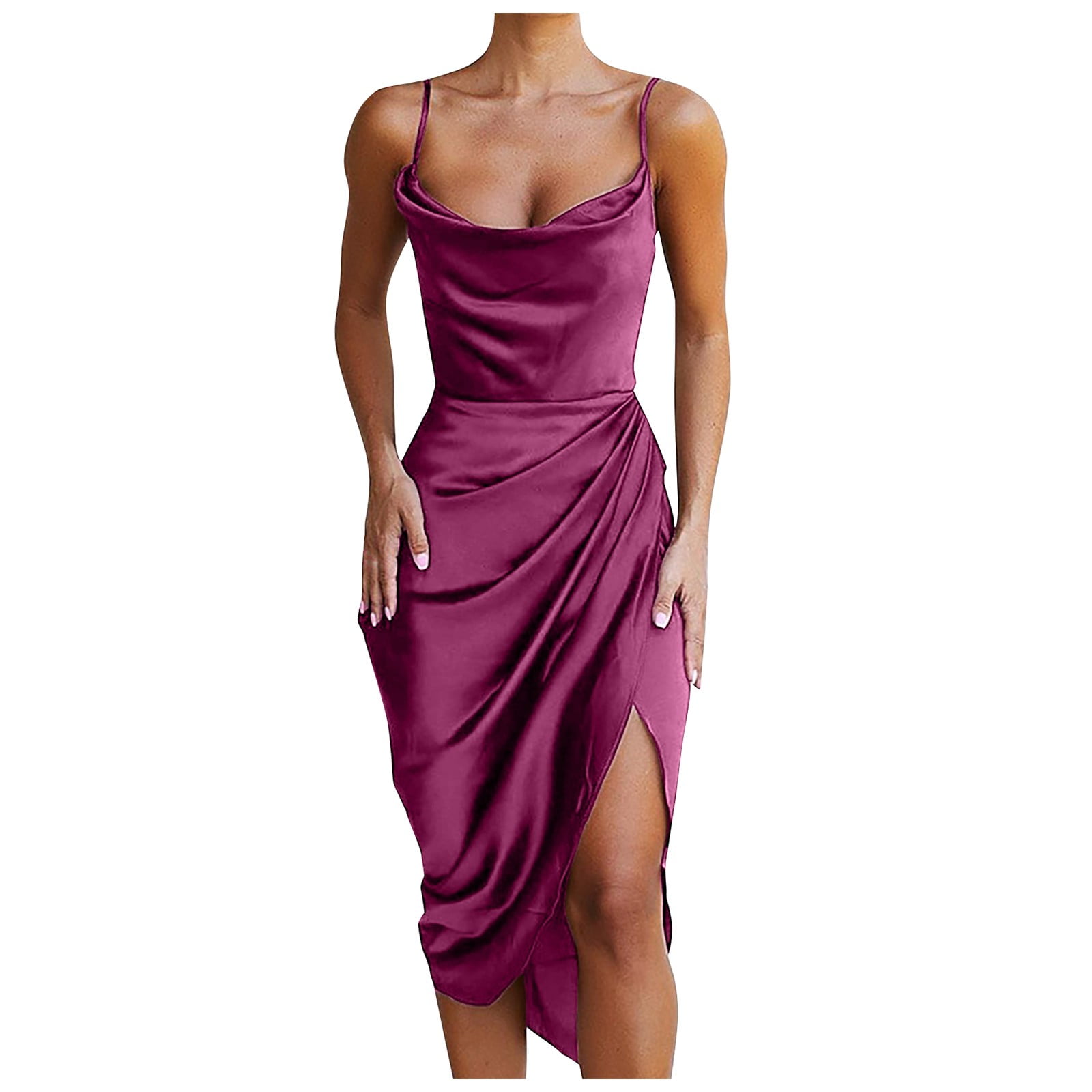 TWGONE Womens Sexy Spaghetti Strap Satin Dress Backless Ruched