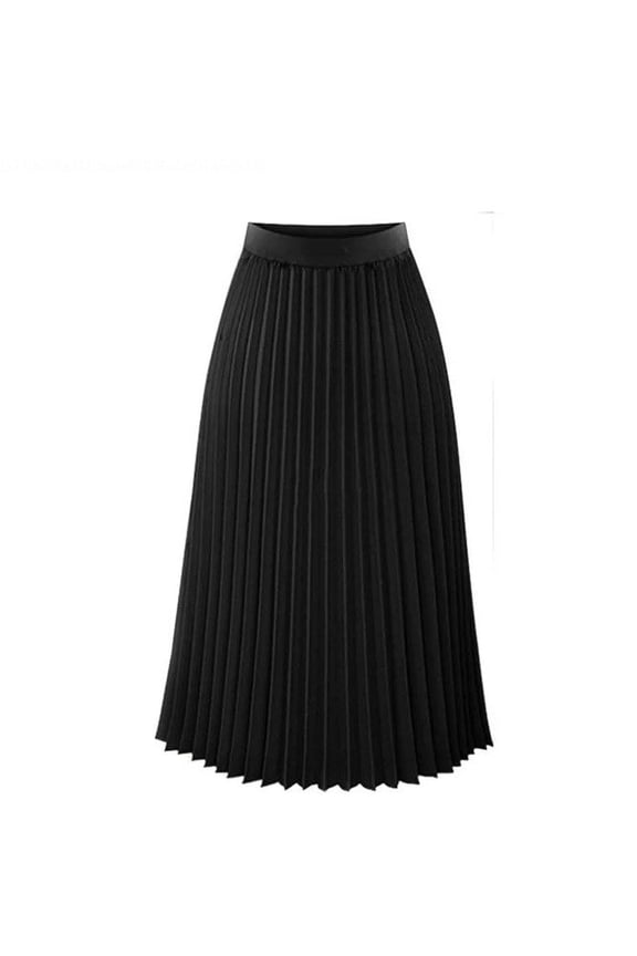 Womens Solid Pleated Elegant Midi Elastic Waist Maxi Skirt, Black, S