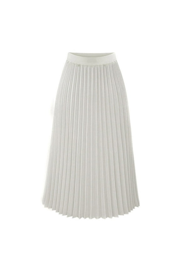 Womens Solid Pleated Elegant Midi Elastic Waist Maxi Skirt, White, L