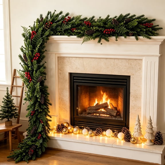 6FT Christmas Garland for Mantel with Pine Cones Red Berries, Artificial Norfolk Pine Garlands for Indoor Outdoor Christmas Decorations, Green