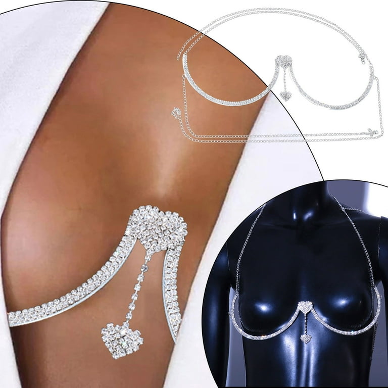 TWIFER 2023 New Summer Rhinestone Chest Bracket Chain Trendy Heart Pendant  Chest Bracket Bra Chain Bikini Bra Body Chain Jewelry For Women