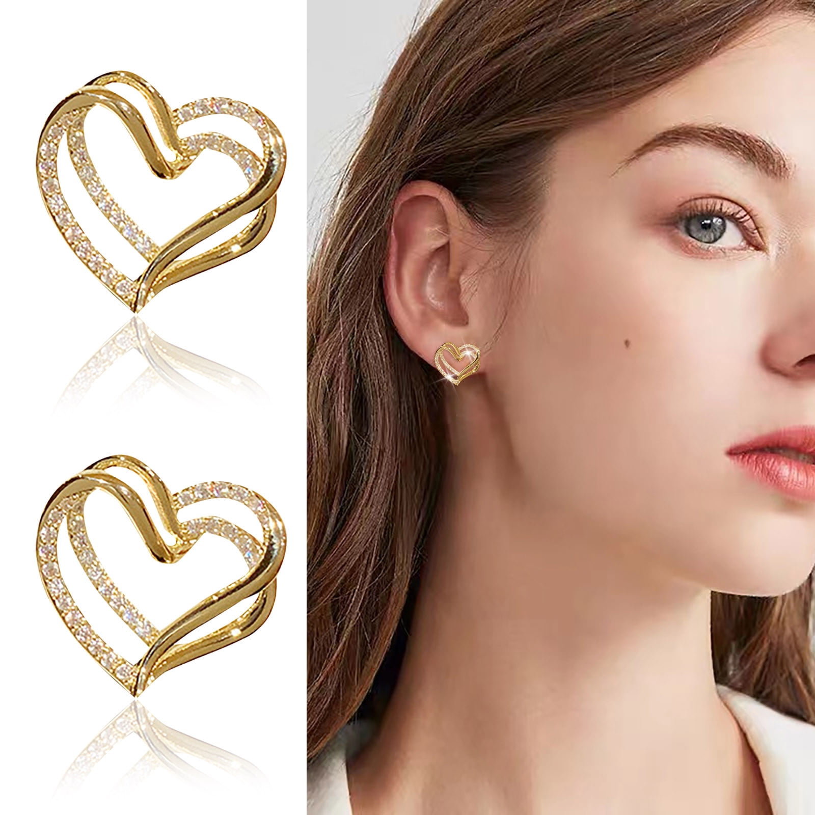 TWIFER Double Cut Out Diamond Set Love Earrings For Teen Girls Minimalist Piercing Studs Trendy Earrings
