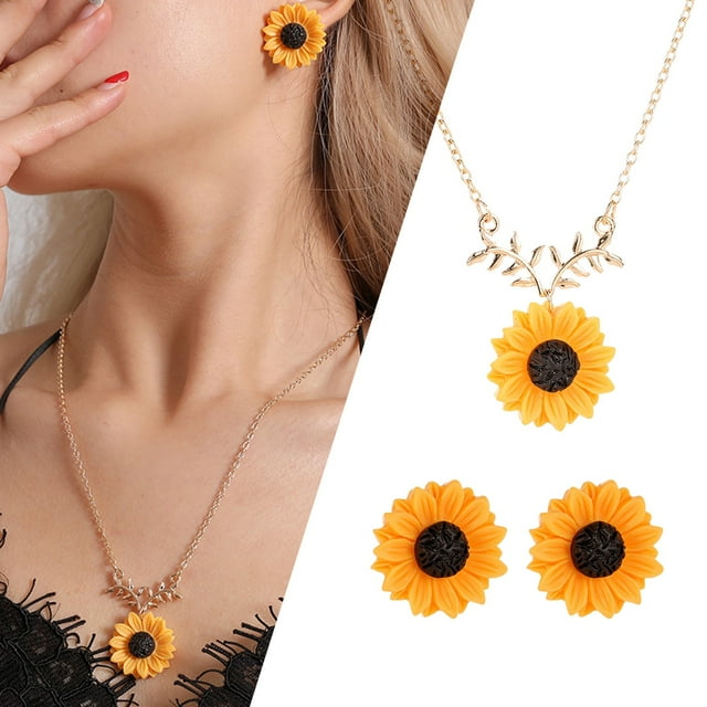 TWIFER Sunflower Necklace And Earring Set Delicate Pendant Flower Imitation Pearl Resin Boho