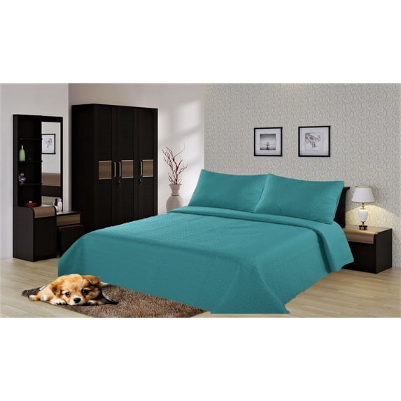 TWIN 2-PIECE #QUILT STIPPLING REVERSIBLE COMFORTABLE#COMFORT BEDSPREAD #BED BEDDING COVERLETS COVER SET WITH PILLOW CASES ( TURQUOISE )