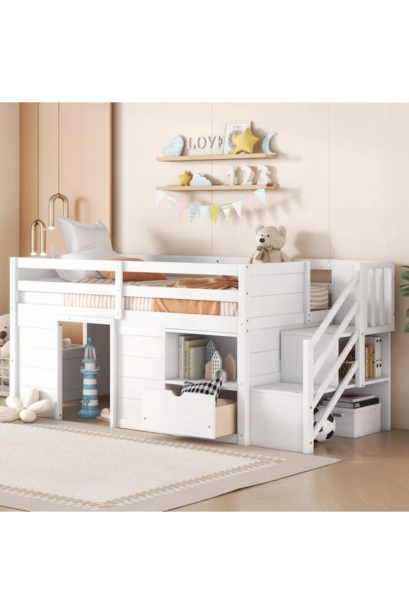 TWIN BED - SOLID WOOD, LOW LOFT WITH STAIR & DRAWER, WHITE|Sturdy Pinewood|Long Lifespan