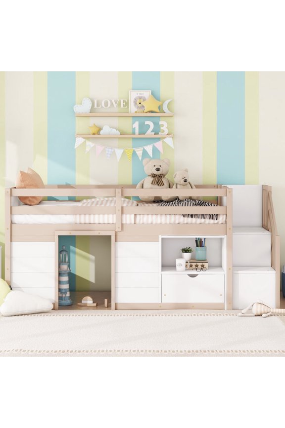 TWIN BED, SOLID WOOD TWIN SIZE LOW LOFT BED WITH STAIR, DRAWER, AND SHELF OF GREY COLOR