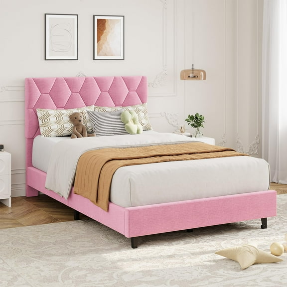 TWIN Bed Frame with Upholstered Headboard and Wooden Slats Support, Heavy-Duty Platform Bed Frame with Adjustable Headboard, No Box Spring Needed, Easy Assembly, Noise Free Pink