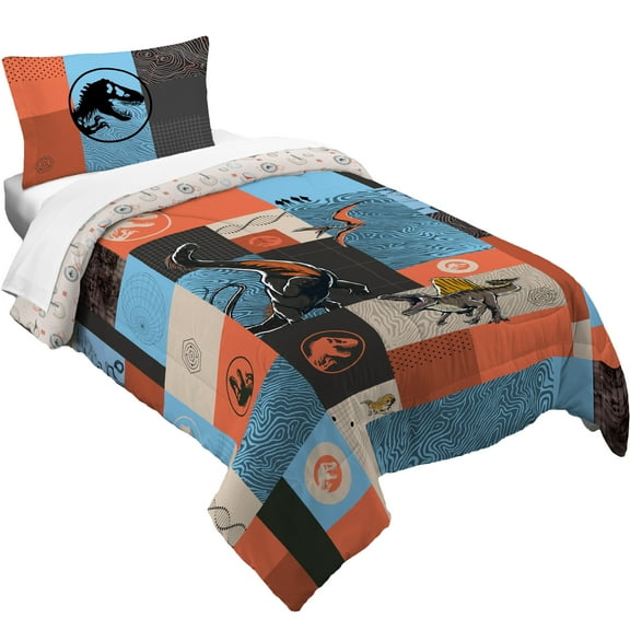 Jurassic World Kids 2 Piece Blue Orange Reversible Dinosaur Comforter and Pillowcase set, Twin/full