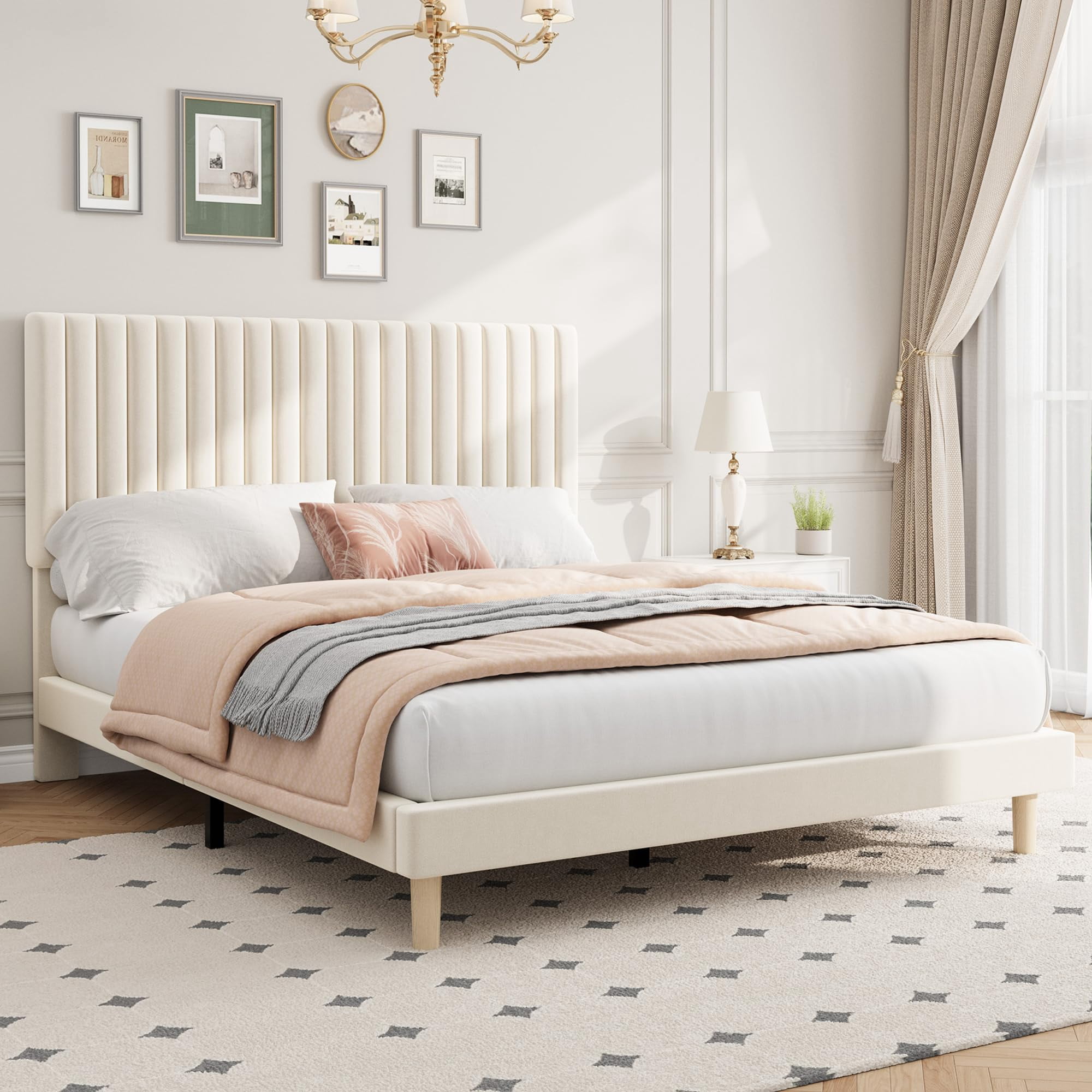 TWIN/FULL/QUEEN/KING Bed Frame with Adjustable Headboard, Velvet ...