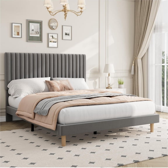 TWIN/FULL/QUEEN/KING Bed Frame with Adjustable Headboard, Velvet Upholstered Platform Bed, Vertical Channel Tufted, Strong Wooden Slats, No Box Spring Needed, Easy Assembly