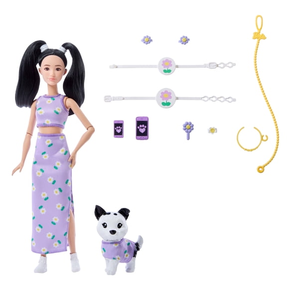 Barbie Twinning Looks Fashion Doll with Pet Dog, Matching Purple Clothes & Accessories, Black Hair