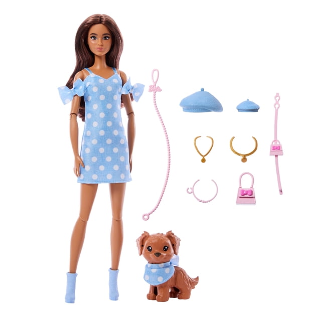 Barbie Twinning Looks Fashion Doll with Pet Dog, Matching Blue Clothes & Accessories, Brunette