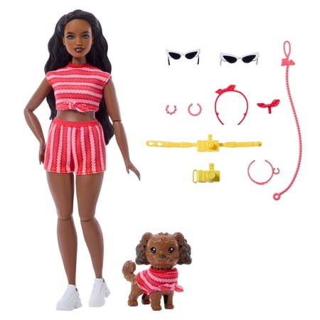Barbie Twinning Looks Fashion Doll with Pet Dog, Matching Red Clothes & Accessories, Black Hair