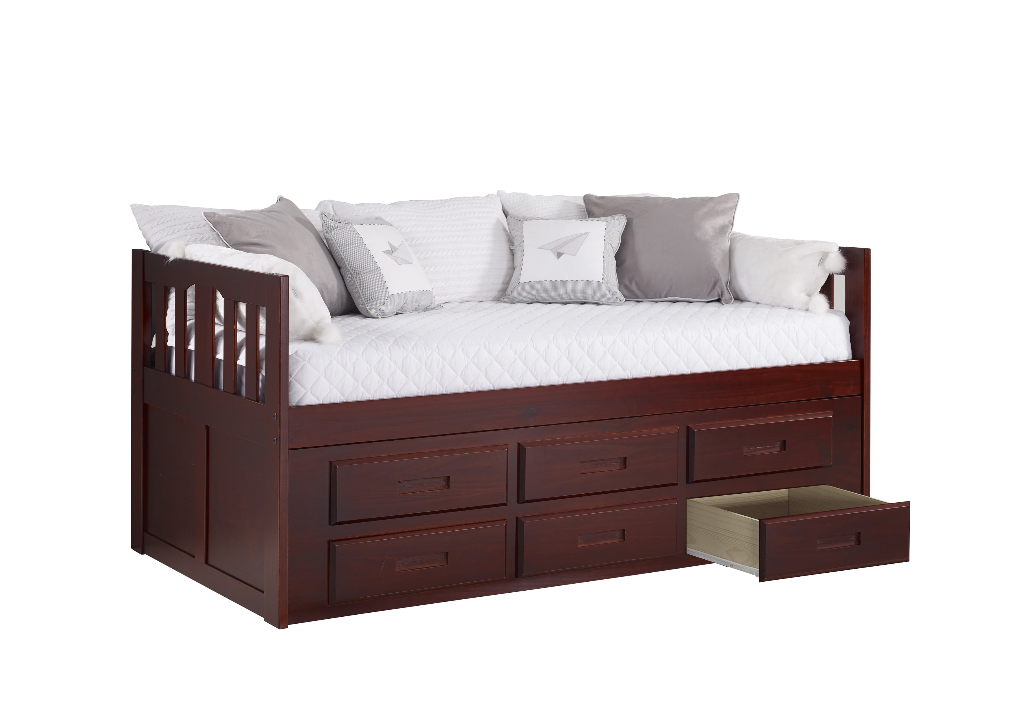 TWIN MISSION CAPTAINS BED WITH 6 DRAWER UNDER BED STORAGE IN MERLOT