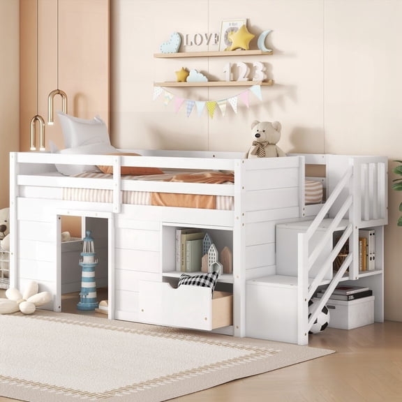 Twin Size Solid Wood Platform Bed with Stair, Drawer, and Shelf in White for Bedroom
