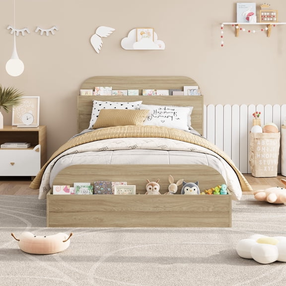 TWIN Size Bed Frame, Low-Profile Platform Bed Frame with Storage Headboard & Footboard — Wooden Slat Support, No Box Spring Required, Natural
