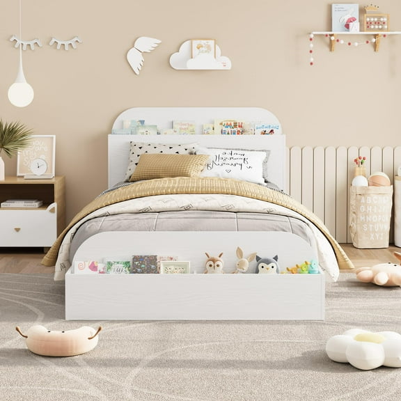 TWIN Size Bed Frame, Low-Profile Platform Bed Frame with Storage Headboard & Footboard — Wooden Slat Support, No Box Spring Required, White