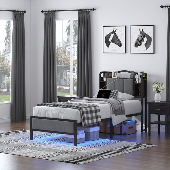 WANTAI TWIN Size Upholstered Platform Bed Frame with LED Lights and Charging Station