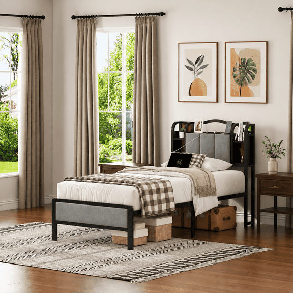 PIVOTIX TWIN Size Upholstered Platform Bed Frame with LED Lights and Charging Station