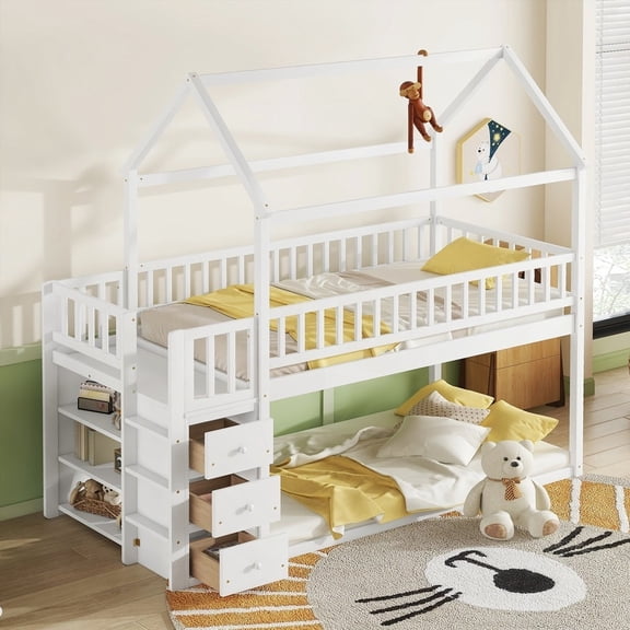 TWIN/TWIN HOUSE BUNK BED - Sturdy & Storage - White