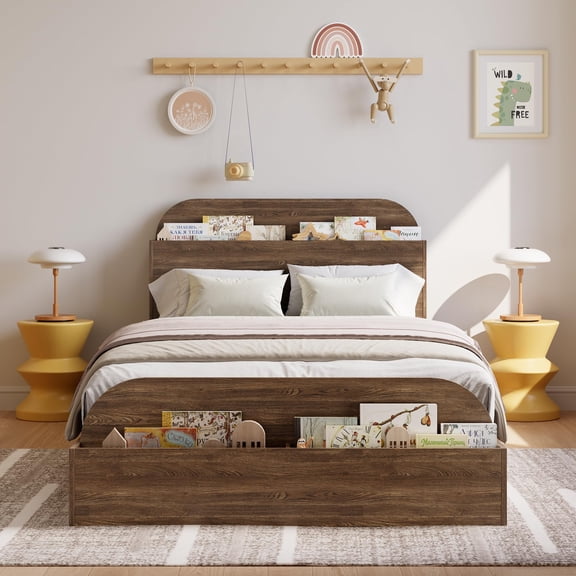 TWIN-XL Platform Bed Frame with Storage Headboard & Footboard, Low Profile Wooden Bed with Guardrail & Sturdy Slats, No Box Spring Needed,Walnut wood
