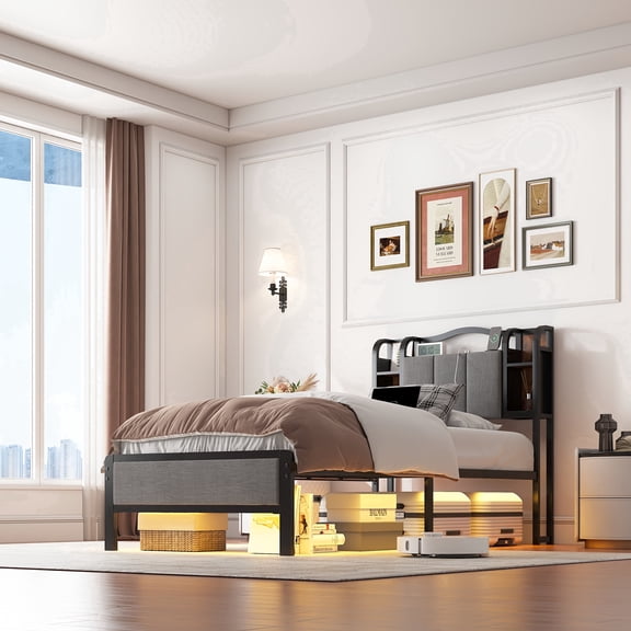TWIN XL Size Bed Frame with Upholstered Headboard & Footboard, Metal Bed Frame with LED Lights & Charging Station, No Box Spring Needed, Noise-Free Easy Assembly, Large Under Bed Storage