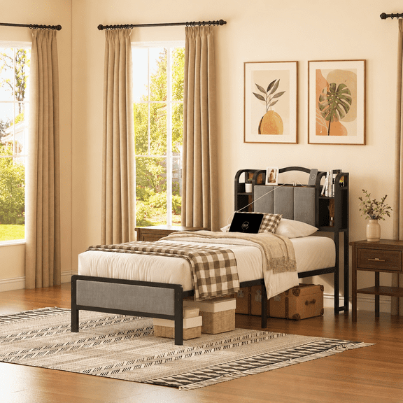 WANTAI Twin XL Upholstered Platform Bed Frame with LED Lights and Charging Station