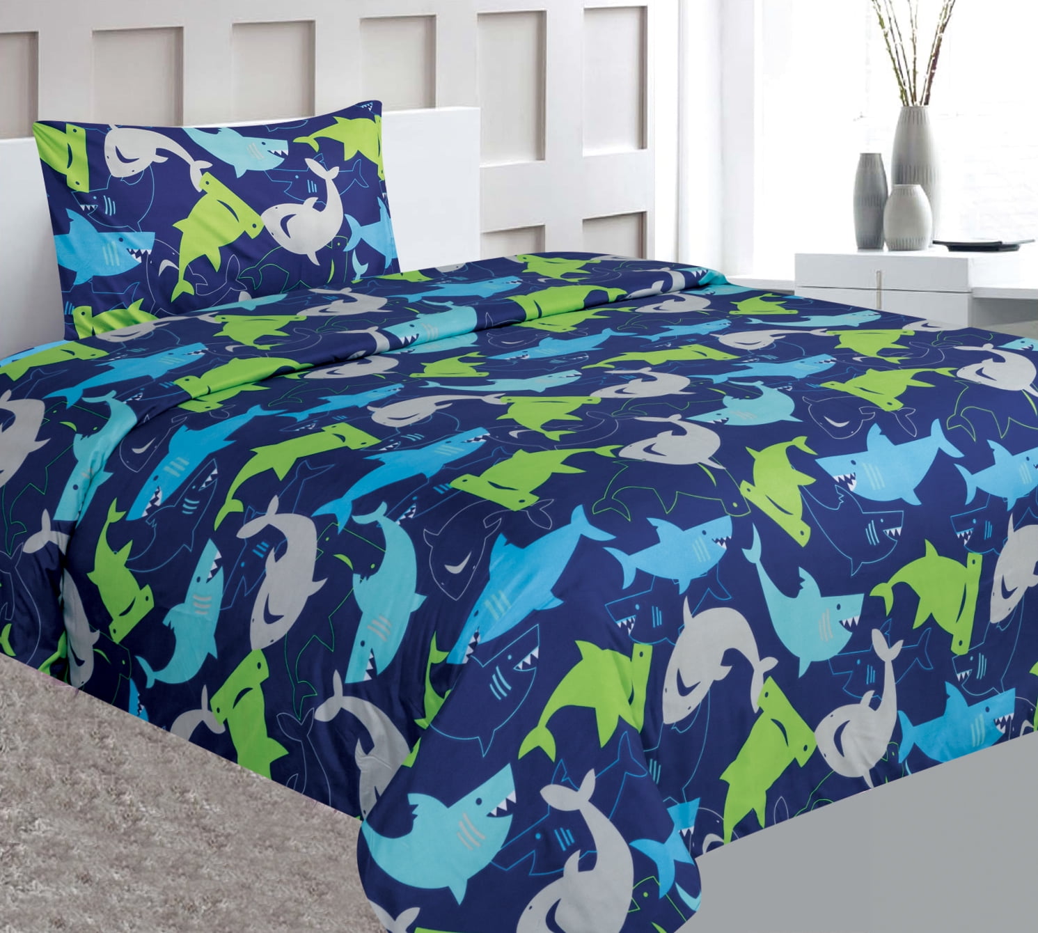 TWIN Bed Children's Sheet Set for Boys Girls, Multicolor Blue Printed