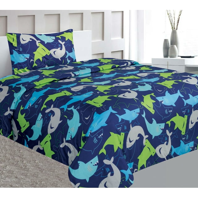 TWIN Bed Children's Sheet Set for Boys Girls, Multicolor Blue Printed