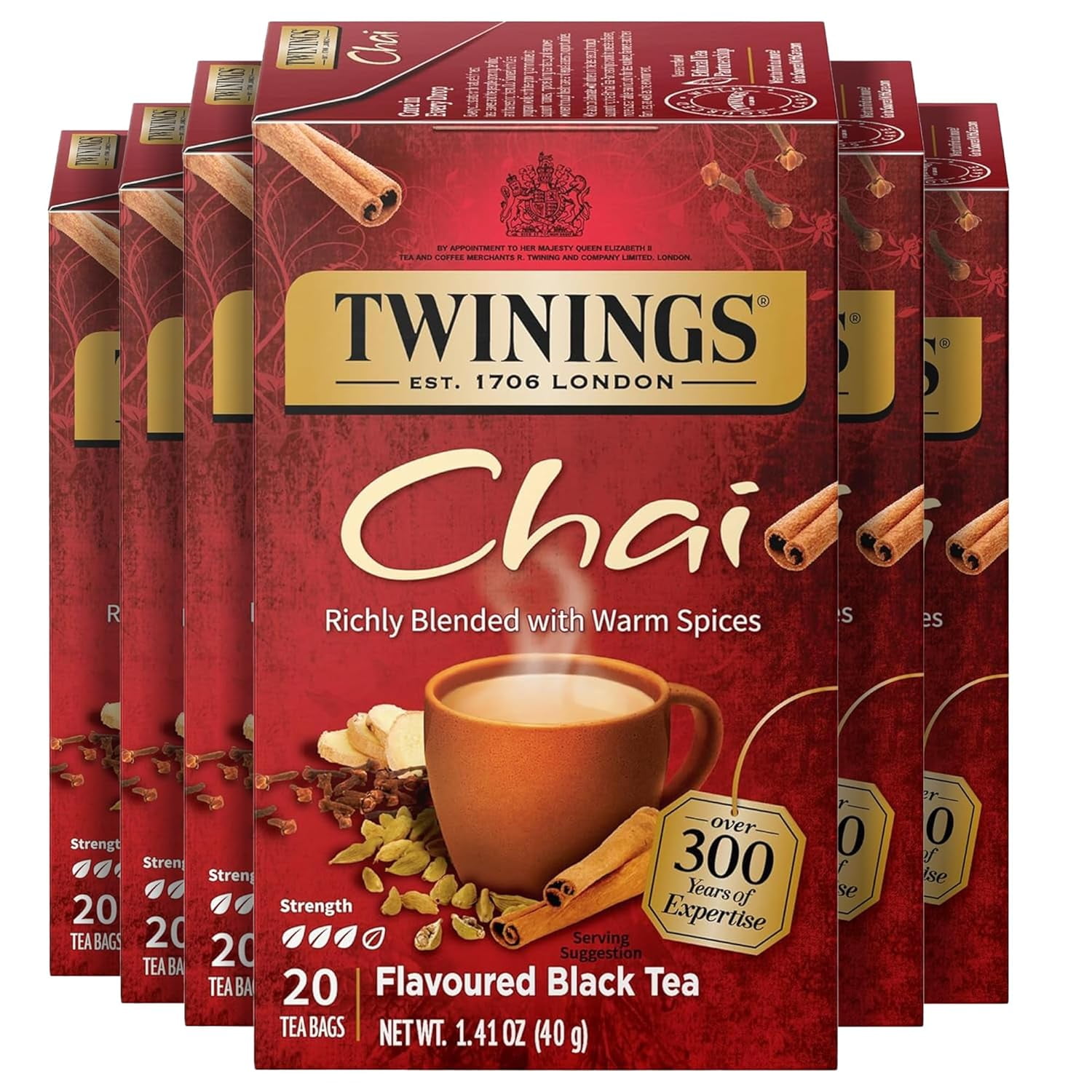 Twinings Chai Tea, Caffeinated Black Tea Naturally Flavored with Aromatic Spices and Ginger, Tea Bags Individually Wrapped, 20 Count Ea (Pack of 6)