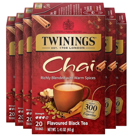 Twinings Chai Tea, Caffeinated Black Tea Naturally Flavored with Aromatic Spices and Ginger, Tea Bags Individually Wrapped, 20 Count Ea (Pack of 6)