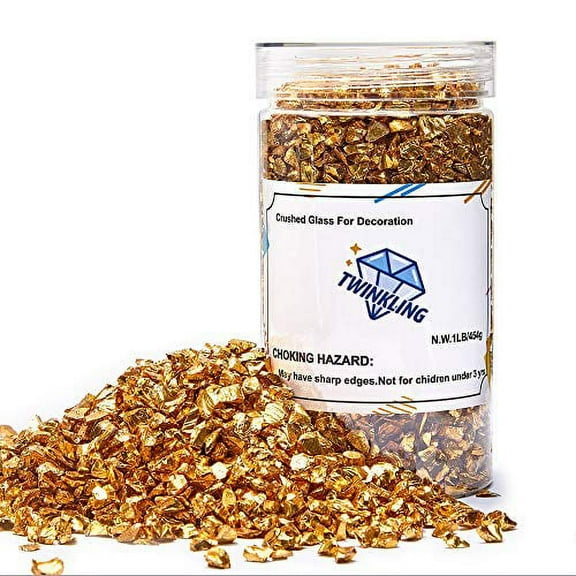 TWINKLING High Luster Fire Glass Gravel Stone Glitter,Broken Glass,Fire Gems Chips,Crushed Glass for Fire Pit Crafts Resin Art Aquarium Garden Decoration,3-6mm,1-Pound Jar (Gold)