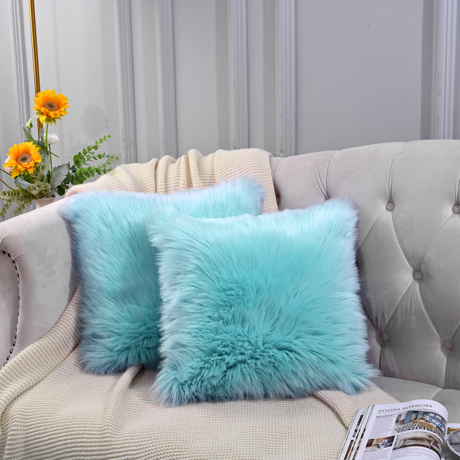 TWINNIS 2PCS Modern Style Faux Fur Pillow Case Square Fuzzy Throw Pillow Cover for Living Room Bedroom Decor 18 x 18 inch Light Blue Walmart