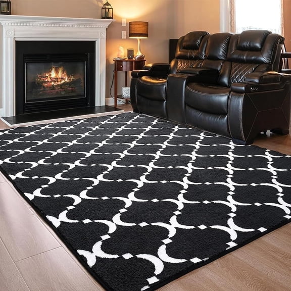 TWINNIS 4'x6' Area Rug Geometric Non Slip Fluffy Carpet,Soft Plush Polyester Rug for Living Room Bedroom,Black White