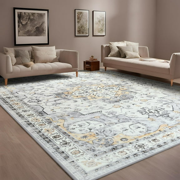 TWINNIS 4'x6'Area Rugs for Living Room Washable Rugs Boho Area Rug Non-Slip Carpet,Yellow Gray
