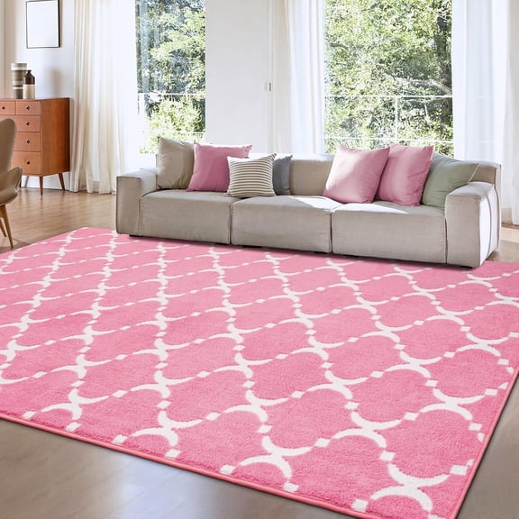 TWINNIS 5'x8' Area Rug Geometric Non Slip Fluffy Carpet,Soft Plush Polyester Rug for Living Room Bedroom,Pink White