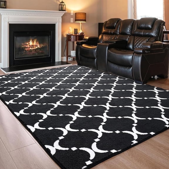TWINNIS 6'x9' Area Rug Geometric Non Slip Fluffy Carpet,Soft Plush Polyester Rug for Living Room Bedroom,Black White