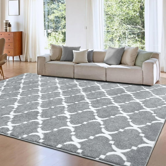 TWINNIS 6'x9' Area Rug Geometric Non Slip Fluffy Carpet,Soft Plush Polyester Rug for Living Room Bedroom,Gray White