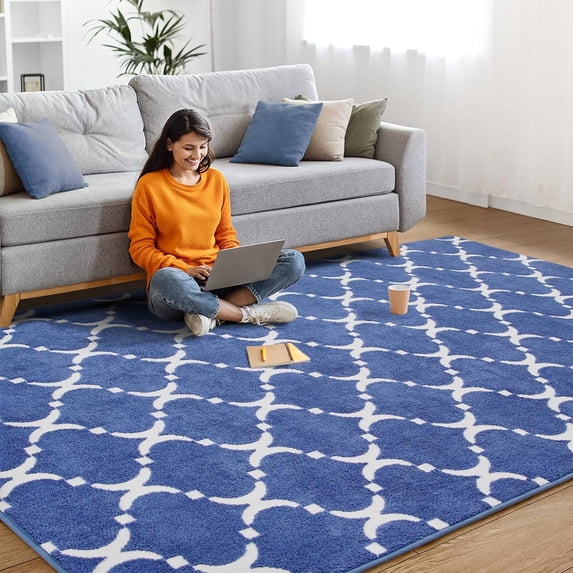 TWINNIS 6'x9' Area Rug Geometric Non Slip Fluffy Carpet,Soft Plush Polyester Rug for Living Room Bedroom,Indigo White