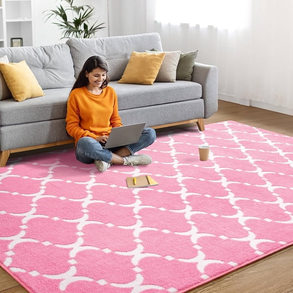 TWINNIS 6'x9' Area Rug Geometric Non Slip Fluffy Carpet,Soft Plush Polyester Rug for Living Room Bedroom,Pink White