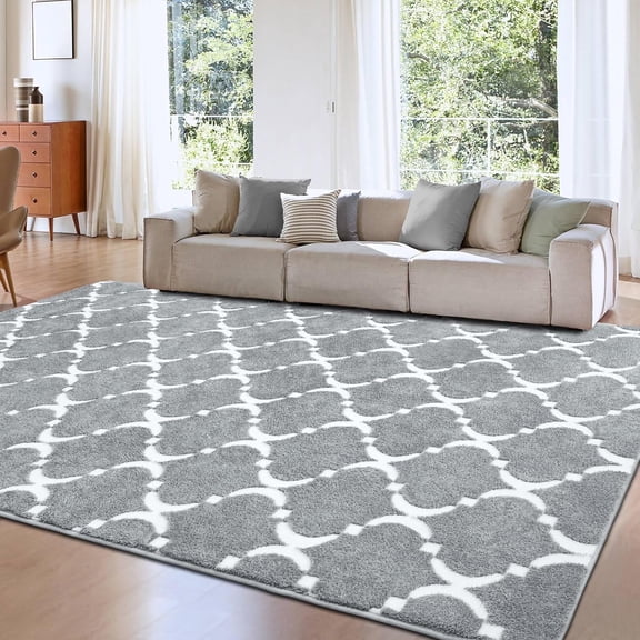 TWINNIS 7'x10' Area Rug Geometric Non Slip Fluffy Carpet,Soft Plush Polyester Rug for Living Room Bedroom,Gray White