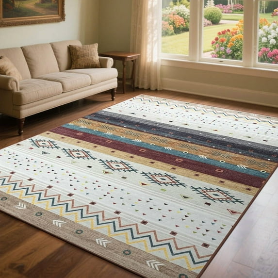 TWINNIS 8'x10' Brown Area Rug Non-Slip Bohemian Rug Indoor Washable Rugs for Living Room