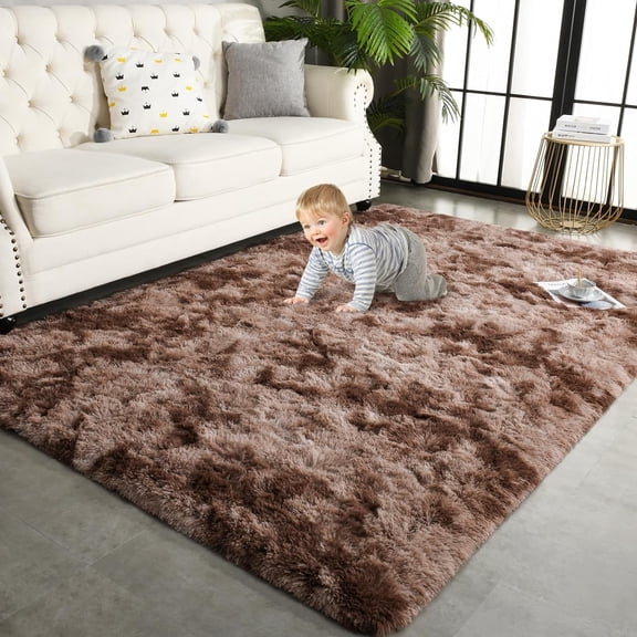 TWINNIS Abstract Shag Area Rug for Bedroom Living Room,Dyeing Fluffy Soft Carpets for Kids Room,4'x6',Coffee