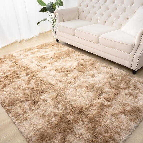 TWINNIS Abstract Shag Area Rug for Bedroom Living Room,Dyeing Fluffy Soft Carpets for Kids Room,4'x6',Tan