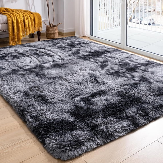 TWINNIS Abstract Shag Area Rug for Bedroom Living Room,Dyeing Fluffy Soft Carpets for Kids Room,5'x8',Dark Gray