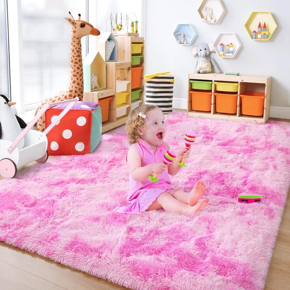 TWINNIS Abstract Shag Rug For Bedroom,Dyeing Fluffy Carpets for Kids,4'x6',Pink