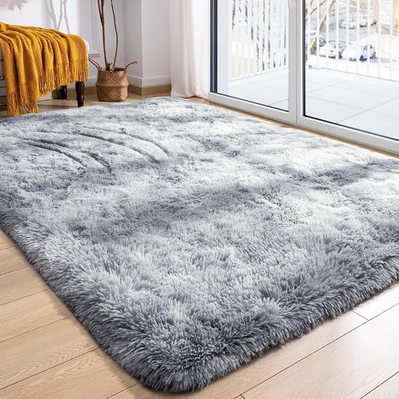 TWINNIS Abstract Shag Rug For Bedroom,Dyeing Fluffy Carpets for Kids,5'x8',Gray