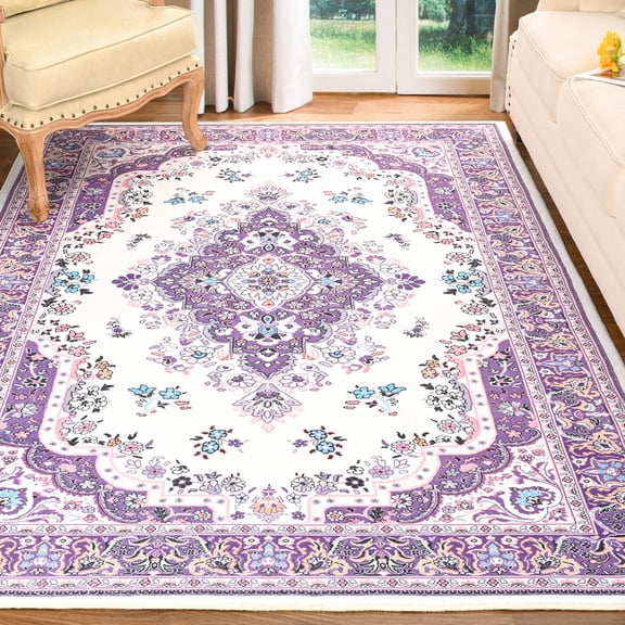 TWINNIS Area Rug Flowers Boho Design Rug for Living Room,Bedroom,4'x6',Purple