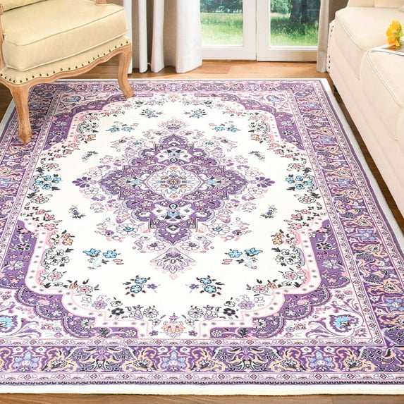TWINNIS Area Rug Flowers Boho Design Rug for Living Room,Bedroom,6'x9',Purple